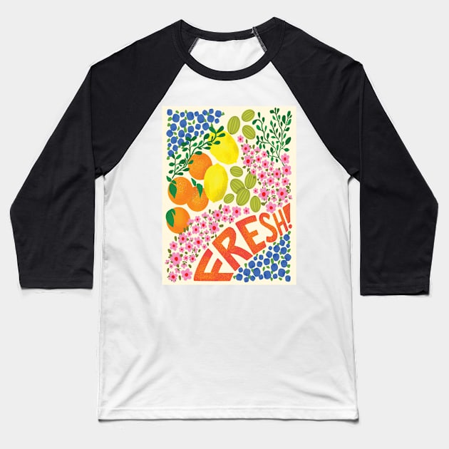Fruit Bomb Baseball T-Shirt by MinkkiDraws